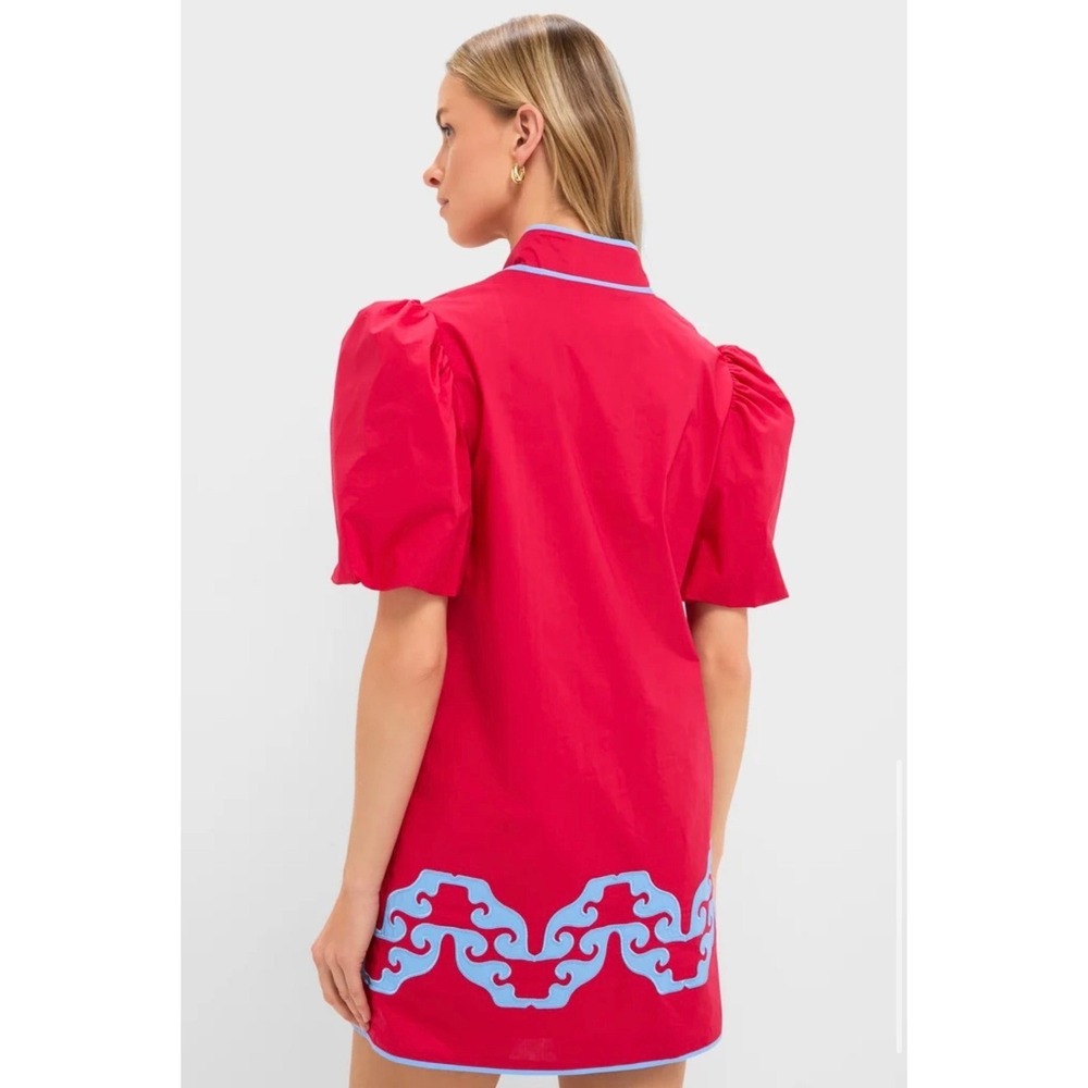 Hyacinth House Red Blue Scroll Applique Puff Sleeve Mini Dress XS AY1369D NWT - Picture 2 of 10